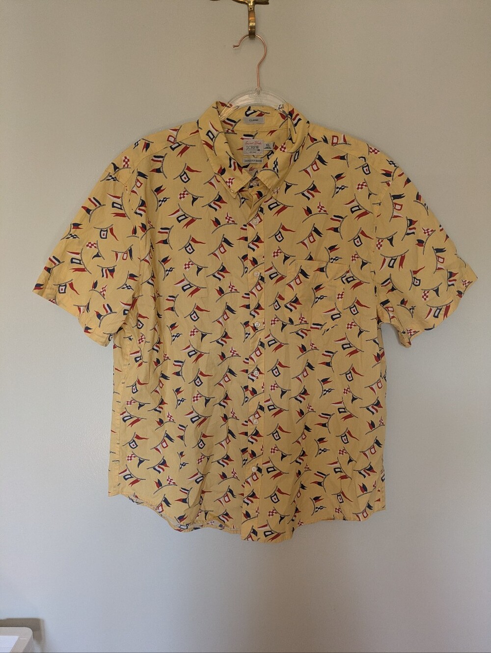 J. Crew Nautical Flag Button Up Shirt Short Sleeve Yellow Classic Fit XL